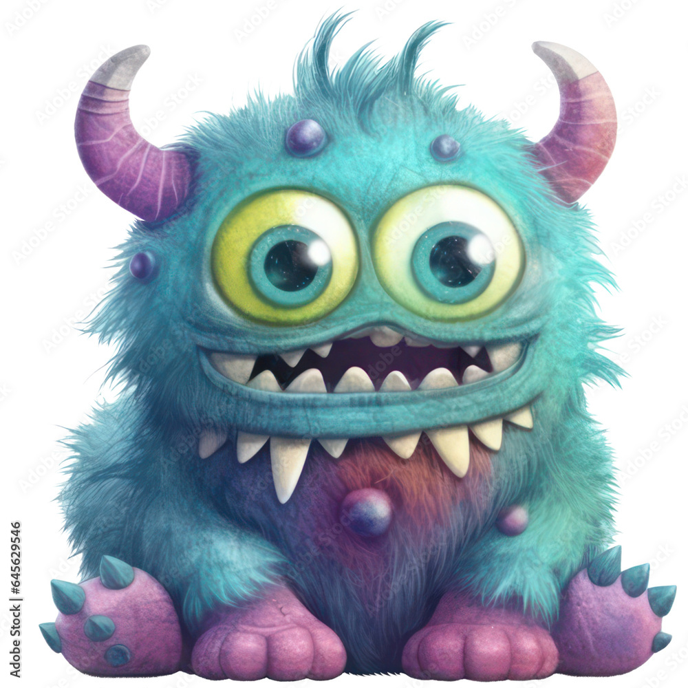 Cute baby monster toy, teal and lilac funny fantasy creatures isolated with a transparent background, baby invitation template design