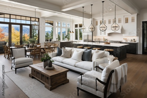 Exquisite open-plan area with a luxurious white kitchen, dining, and living space