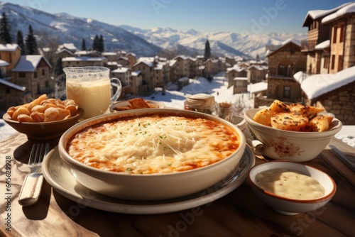 A table topped with bowls of food next to a glass of milk. Winter dish on a ski chalet porch.