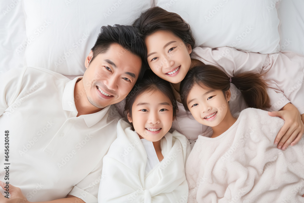 family, mother, father, bed, daughter, home, love, bedroom, happiness, lifestyle. close up to happy family and childhood on bed at home. everyone put on white pajama. everyone smile be honest