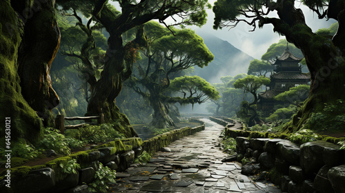 The Beautiful Chinese Wet Road and Green Trees in the Rain Landscapes