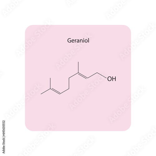 Geraniol Monoterpene Alcohol fragrant compound found in essential oils Molecular structure skeletal formula on pink background.