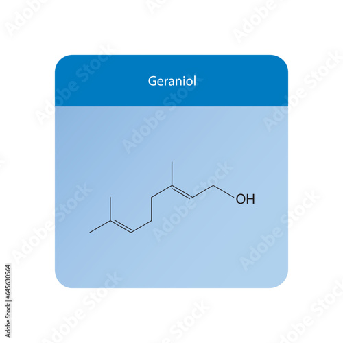 Geraniol Monoterpene Alcohol fragrant compound found in essential oils Molecular structure skeletal formula on blue background.