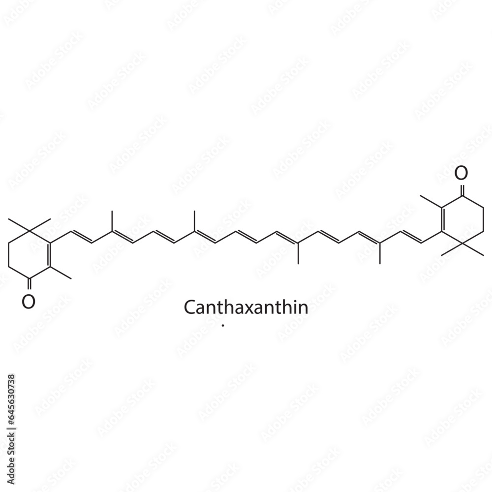 Canthaxanthin Carotenoid red pigment Molecular structure skeletal formula on white background. Canthaxanthin Carotenoid red pigment Molecular structure skeletal formula on white background.