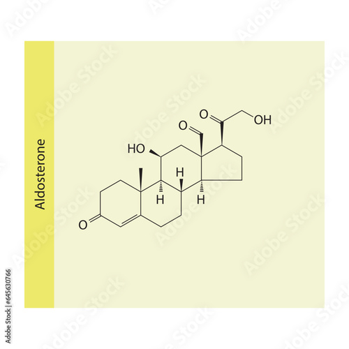 Aldosterone Mineralocorticoid Hormone regulating electrolyte balance in the body Molecular structure skeletal formula on yellow background.