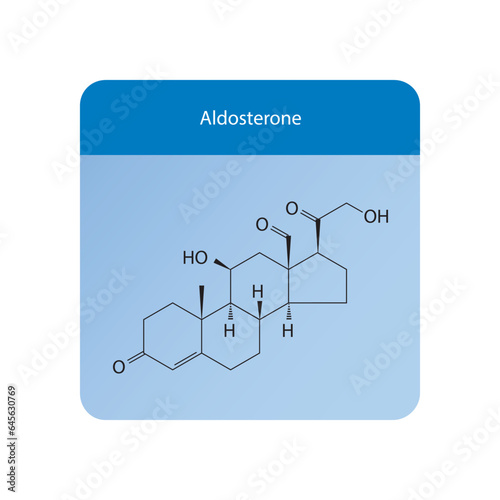 Aldosterone Mineralocorticoid Hormone regulating electrolyte balance in the body Molecular structure skeletal formula on blue background.
