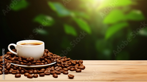 Coffee cup with coffee beans on wooden table background - ai generative