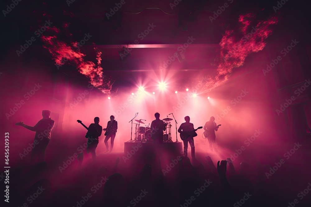 celebration, concert, party, stage, club, event, night, festival, nightclub, show. in night club at stage has band is now show it. above there light and smoke follow member of band, concert festival. - obrazy, fototapety, plakaty 