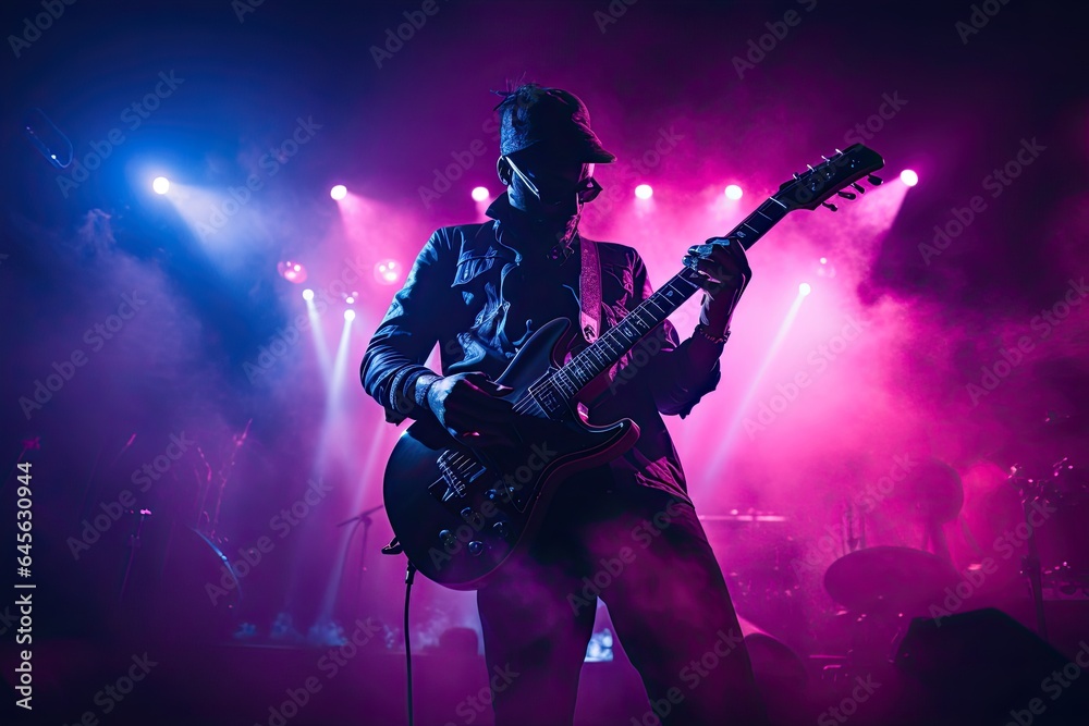 celebration, concert, party, stage, club, event, night, festival, nightclub, show. night club on the stage has smoke and light, now for concert festival. then close up to guitar now solo it.