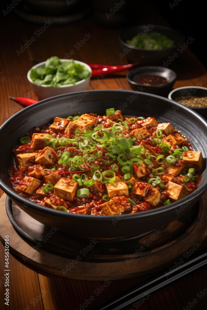 A bowl of tofu and vegetables on a wooden table. Fictional image. Sichuan Mapo tofu dish.