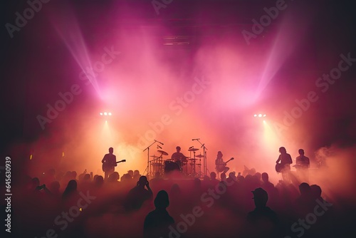 celebration, concert, party, stage, club, event, night, festival, nightclub, show. in night club at stage has band is now show it. above there light and smoke follow member of band, concert festival.