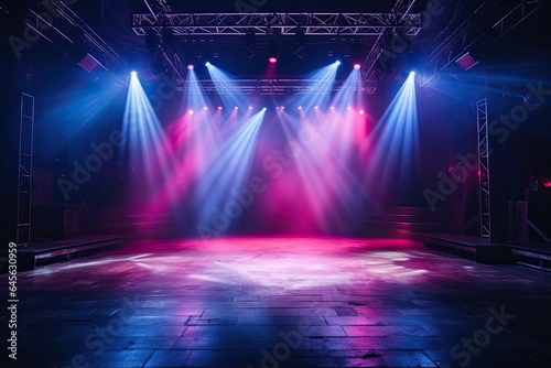 celebration, concert, party, stage, club, event, night, festival, nightclub, show. in night club at stage has floor set now for concert festival. above there light and smoke follow to party attendees.