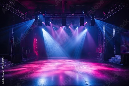 celebration, concert, party, stage, club, event, night, festival, nightclub, show. in night club at stage has floor set now for concert festival. above there light and smoke follow to party attendees.