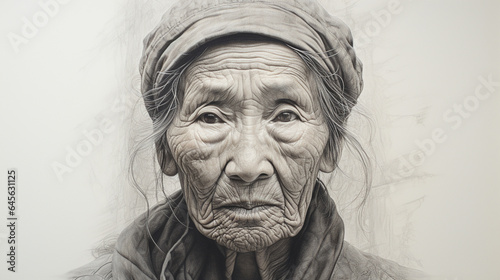 A close-up pencil portrait of an elderly woman, capturing the wisdom and wrinkles etched by time