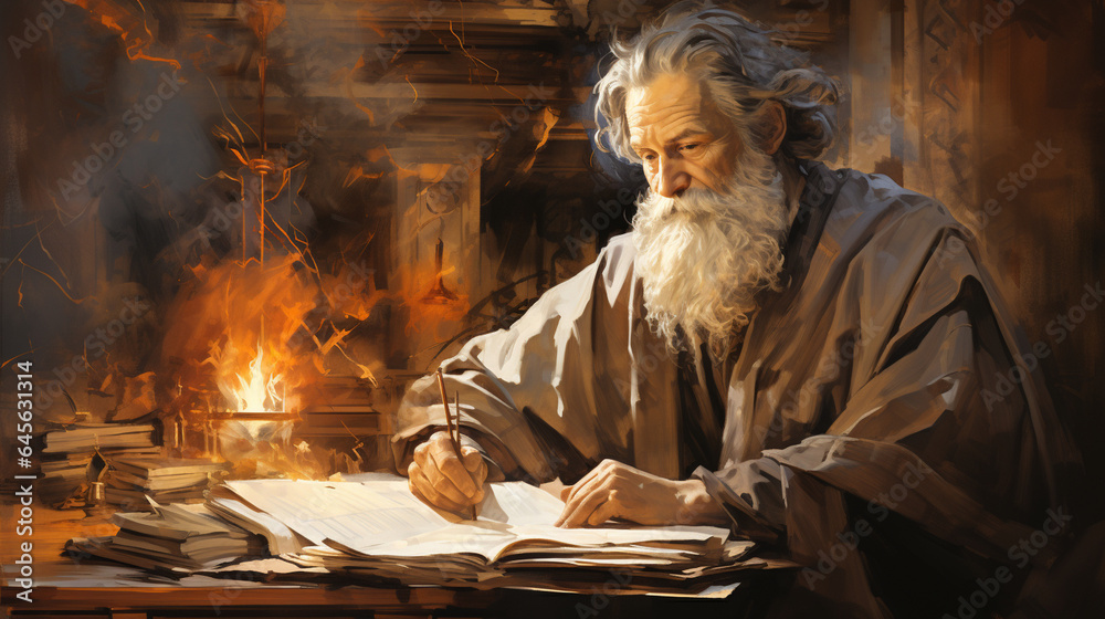 A portrait sketch of a wise scholar lost in ancient texts, surrounded by the wisdom of ages