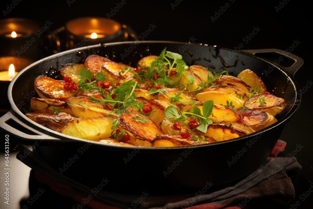 A skillet filled with potatoes and greens. Fictional image. A skillet filled with potatoes and greens. Fictional image.