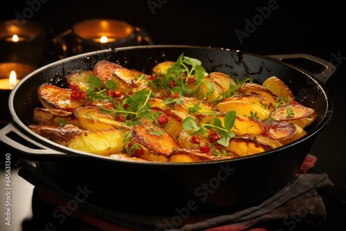 A skillet filled with potatoes and greens. Fictional image.