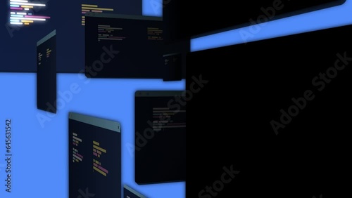 stylized programming windows desktop showing and then disapear in darkness. Modern technology animation photo