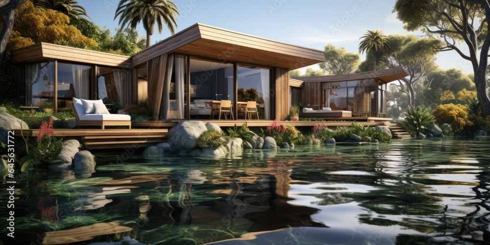 A house sitting on top of a body of water. Fictional image.