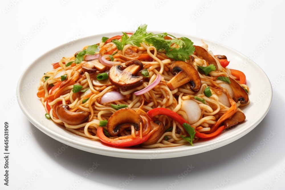 A white plate topped with noodles and mushrooms. Fictional image. Tasty Lo Mein dish.