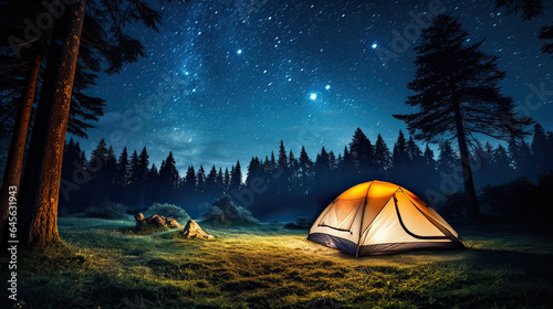 A nighttime campsite with a glowing tent under a starry sky. AI generative