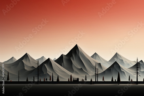 A landscape with mountains and birds flying in the sky. Imaginary illustration  copy space.