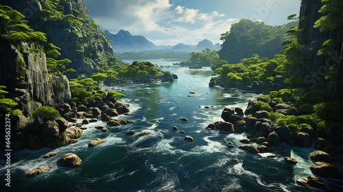 Floating River Island Paradise The Most Beautiful Place of Mountains and Cloudy Sky Aerial View