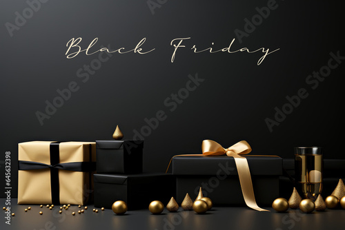 A group of black and gold christmas presents. Imaginary illustration. Black Friday sale campaign. photo