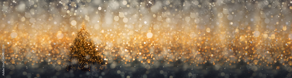 Background with Christmas tree and bokeh lights against dark backdrop