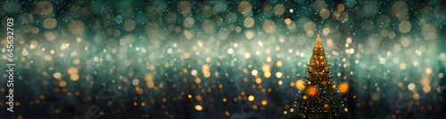 Background with Christmas tree and bokeh lights against dark green backdrop