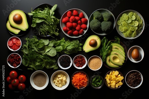 A variety of fruits and vegetables in bowls on a table. Imaginary illustration.