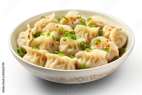 A white bowl filled with dumplings covered in sauce. Fictional image. Chinese wonton soup.