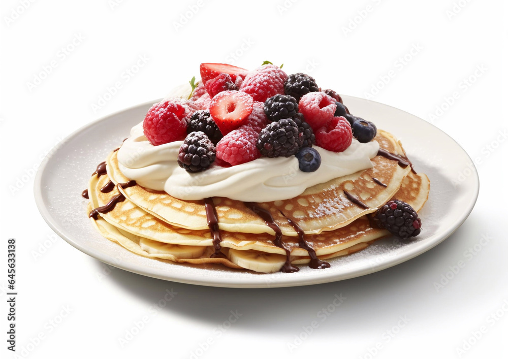 Plate with crepe pancakes with banana,raspberry and blueberry with whipped cream on white background.Macro.AI Generative Plate with crepe pancakes with banana,raspberry and blueberry with whipped cream on white background.Macro.AI Generative
