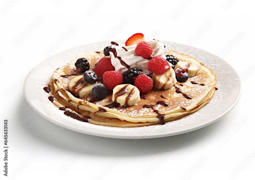 Plate with crepe pancakes with banana,raspberry and blueberry with chocolate sauce on white background.Macro.AI Generative Plate with crepe pancakes with banana,raspberry and blueberry with chocolate sauce on white background.Macro.AI Generative