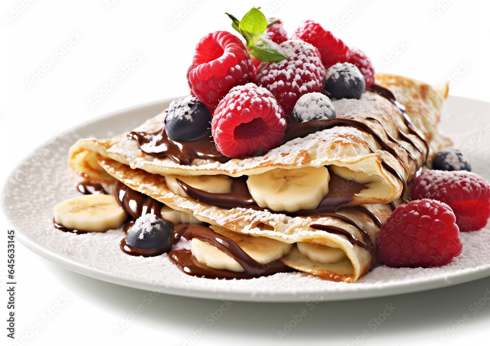 Crepe pancakes with banana,raspberry and blueberry with chocolate sauce on white background.Macro.AI Generative