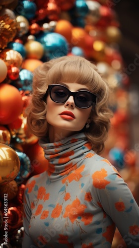 A woman in a retro dress and sunglasses posing for a picture in front of Christmas tree.