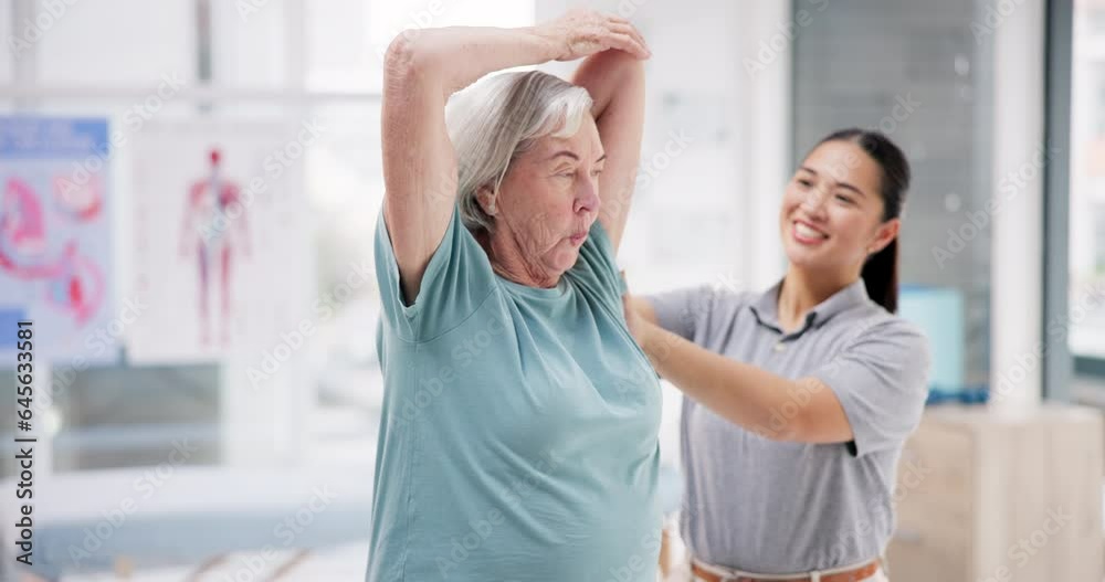 Physiotherapist, stretching and senior woman support, assessment and consulting on chiropractic arm rehabilitation. Physical therapy, orthopedic consultation and chiropractor helping elderly patient Physiotherapist, stretching and senior woman support, assessment and consulting on chiropractic arm rehabilitation. Physical therapy, orthopedic consultation and chiropractor helping elderly patient