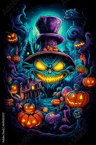 Halloween background with pumpkins and witch hat. Horror illustration. Selective focus. 