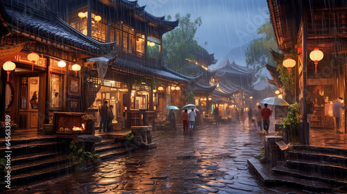 Chinese Traditional Village Busy Street During Heavy Rain