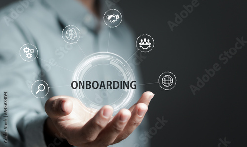 Onboarding business process concept. Businessman working structural business onboarding on virtual interface screen.