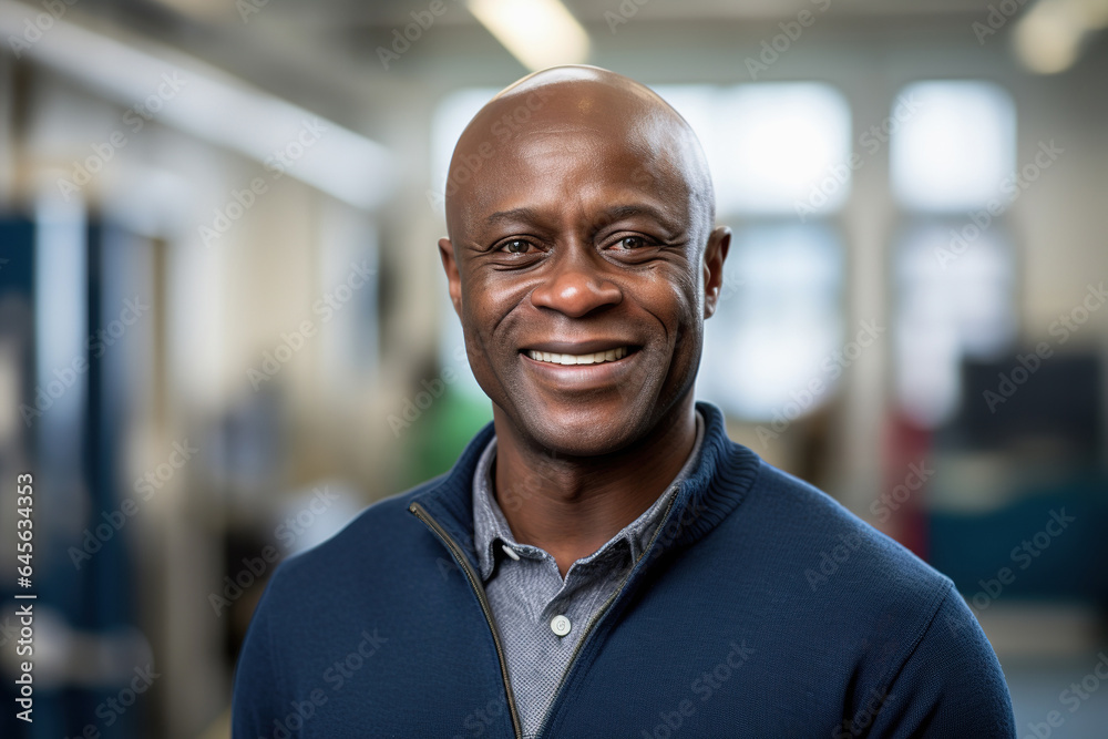 Middle aged black man smiling, close up indoor portrait Middle aged black man smiling, close up indoor portrait