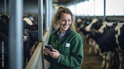 Portrait of a cattlewoman or veterinar doc standing beside her cows photo