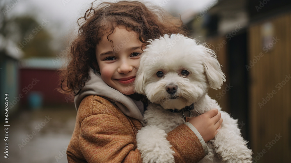 A beautiful pet dog bichon frise being hugged by a little girl A beautiful pet dog bichon frise being hugged by a little girl