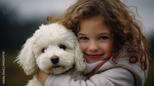 Fotografiet A beautiful pet dog bichon frise being hugged by a little girl