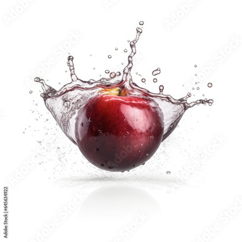 Plum falling in to water splash on white background