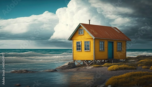 Yellow Cabin House Beside The Ocean Below Cloudy Sky