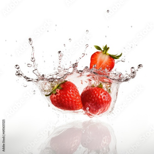 Strawberrys falling into water splash on white background