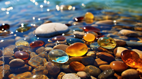 Clear Sky and White Sand Beach with Many Colorful Glittering Round Pebbles-Stones