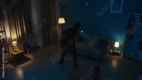 Shot of a burglar, who entered the apartment through the open window. The man is using flashlight to navigate in space. Night time, low, muffled light.