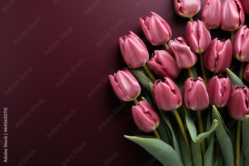 Obraz premium tulips on purple background, copy space